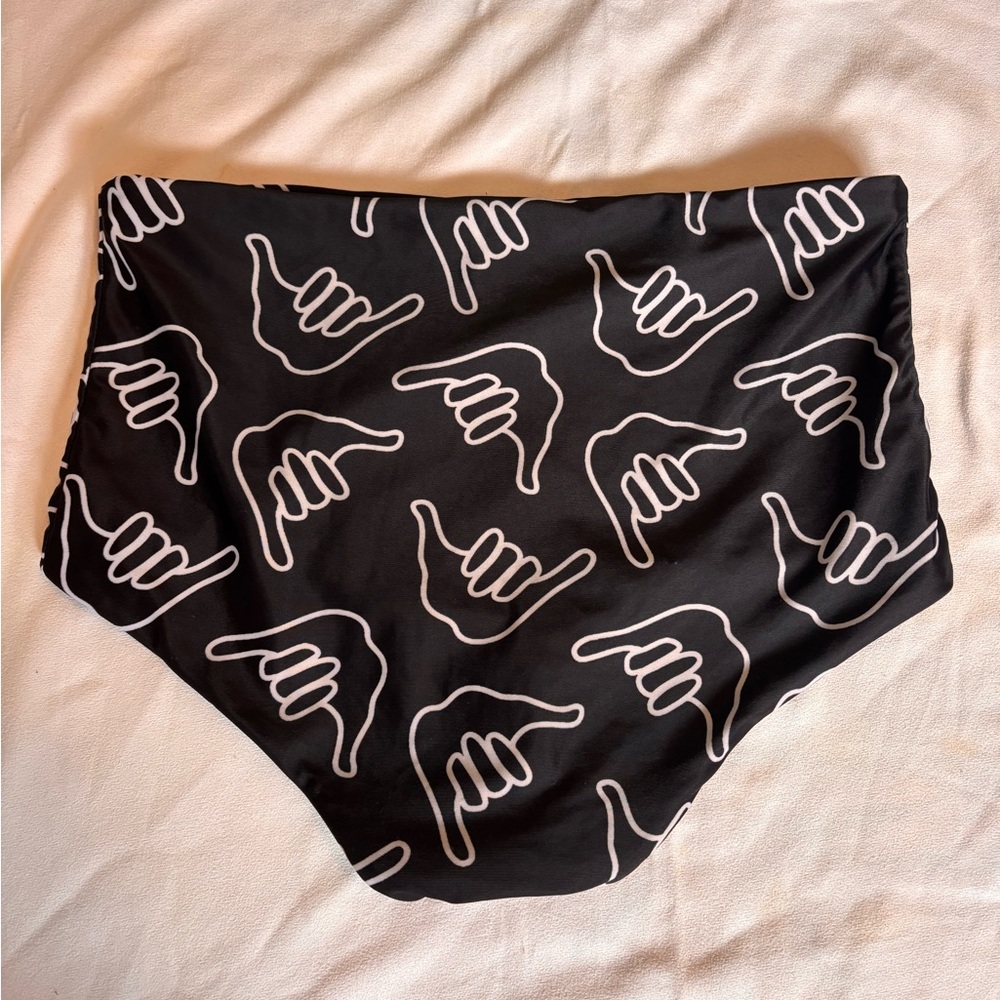 High-Waist Women’s Swim Shorts in Black with White Shaka Pattern
